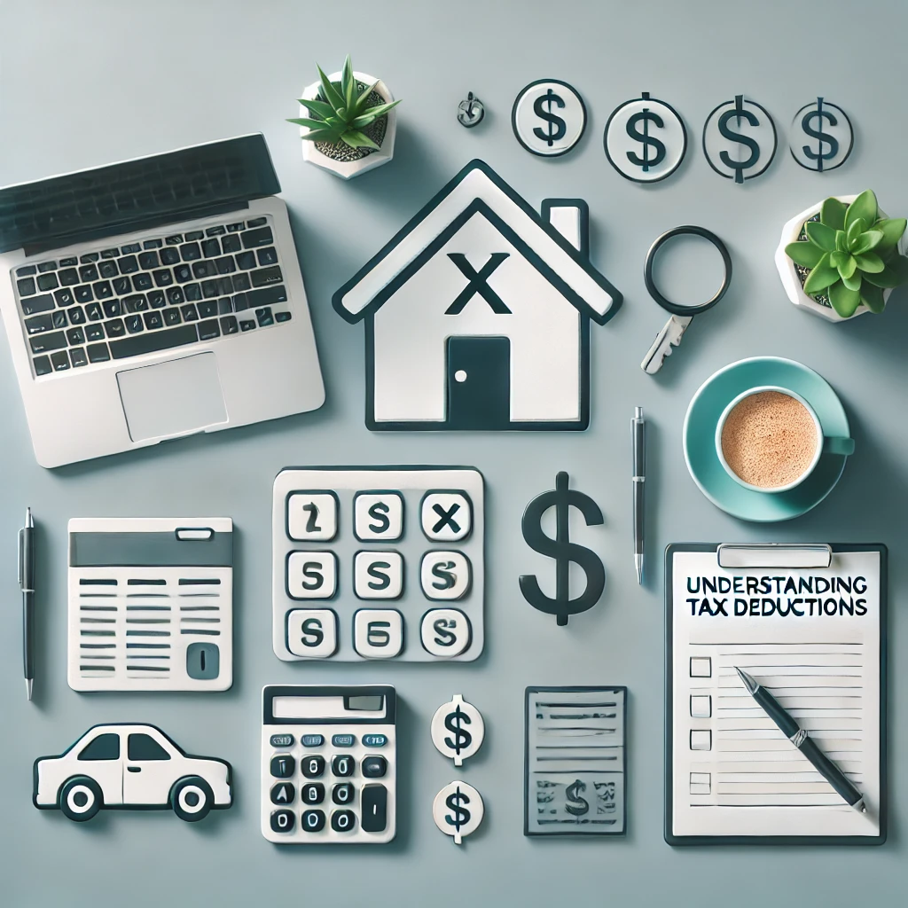 Desk setup with a calculator, coffee, and icons of a house, car, and dollar signs representing tax deductions.